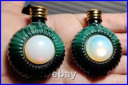 Vintage Czech Malachite Glass Perfume Bottle Pair 2 Opalescent Cabochon