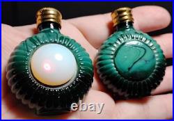 Vintage Czech Malachite Glass Perfume Bottle Pair 2 Opalescent Cabochon