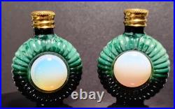 Vintage Czech Malachite Glass Perfume Bottle Pair 2 Opalescent Cabochon