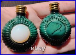 Vintage Czech Malachite Glass Perfume Bottle Pair 2 Opalescent Cabochon