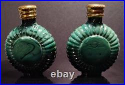 Vintage Czech Malachite Glass Perfume Bottle Pair 2 Opalescent Cabochon