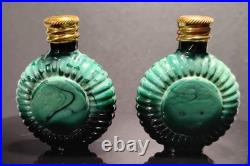 Vintage Czech Malachite Glass Perfume Bottle Pair 2 Opalescent Cabochon