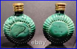 Vintage Czech Malachite Glass Perfume Bottle Pair 2 Opalescent Cabochon