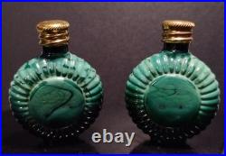 Vintage Czech Malachite Glass Perfume Bottle Pair 2 Opalescent Cabochon