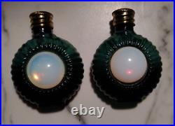 Vintage Czech Malachite Glass Perfume Bottle Pair 2 Opalescent Cabochon