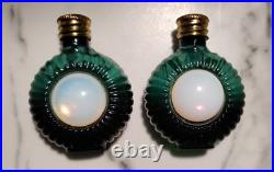 Vintage Czech Malachite Glass Perfume Bottle Pair 2 Opalescent Cabochon
