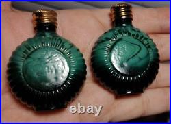 Vintage Czech Malachite Glass Perfume Bottle Pair 2 Opalescent Cabochon