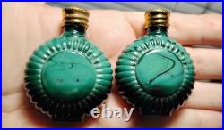 Vintage Czech Malachite Glass Perfume Bottle Pair 2 Opalescent Cabochon