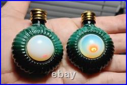 Vintage Czech Malachite Glass Perfume Bottle Pair 2 Opalescent Cabochon