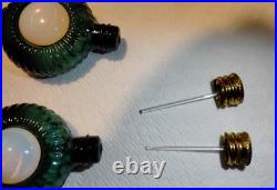 Vintage Czech Malachite Glass Perfume Bottle Pair 2 Opalescent Cabochon