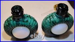 Vintage Czech Malachite Glass Perfume Bottle Pair 2 Opalescent Cabochon