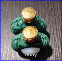 Vintage Czech Malachite Glass Perfume Bottle Pair 2 Opalescent Cabochon