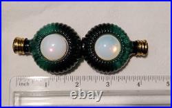 Vintage Czech Malachite Glass Perfume Bottle Pair 2 Opalescent Cabochon