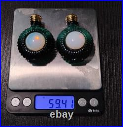Vintage Czech Malachite Glass Perfume Bottle Pair 2 Opalescent Cabochon
