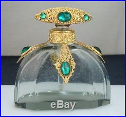 Vintage Czech Ormolu Jeweled Glass Perfume Bottle