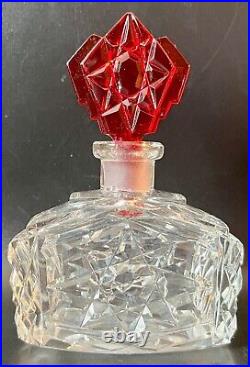 Vintage Czech Perfume Bottle Clear with Matching Red Stopper