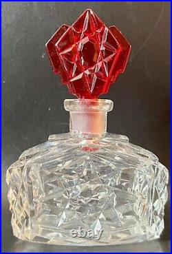 Vintage Czech Perfume Bottle Clear with Matching Red Stopper