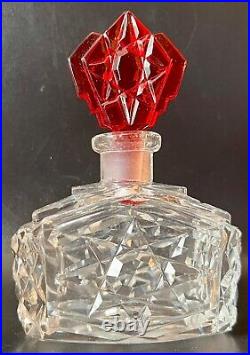 Vintage Czech Perfume Bottle Clear with Matching Red Stopper