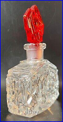 Vintage Czech Perfume Bottle Clear with Matching Red Stopper