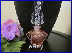 Vintage Czech Pink & Clear Cut Glass Perfume Bottle & Floral Stopper With Dauber