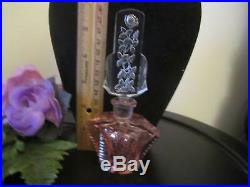Vintage Czech Pink & Clear Cut Glass Perfume Bottle & Floral Stopper With Dauber
