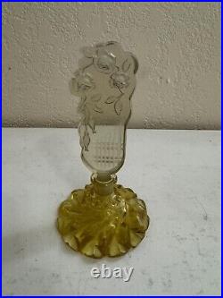 Vintage Czech Yellow Glass or Crystal Perfume Bottle Floral Stopper with Dauber