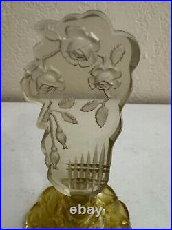 Vintage Czech Yellow Glass or Crystal Perfume Bottle Floral Stopper with Dauber