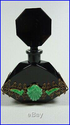 Vintage Czech black crystal perfume bottle green jewels
