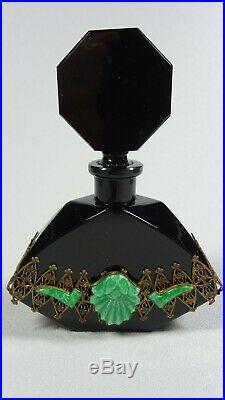 Vintage Czech black crystal perfume bottle green jewels