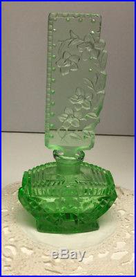 Vintage Czech green perfume bottle with green floral stopper, rare, 1930s
