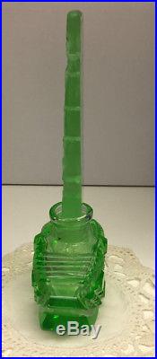 Vintage Czech green perfume bottle with green floral stopper, rare, 1930s