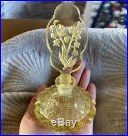 Vintage Czech intaglio Floral flowers stopper Yellow cut perfume bottle