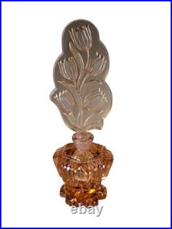 Vintage Czechoslovakia Cut Glass Art Deco Pink Perfume Bottle Floral Stopper