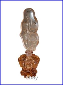 Vintage Czechoslovakia Cut Glass Art Deco Pink Perfume Bottle Floral Stopper