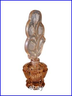 Vintage Czechoslovakia Cut Glass Art Deco Pink Perfume Bottle Floral Stopper