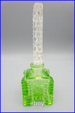 Vintage Czechoslovakia Green Cut Crystal Perfume Bottle, Hexagonal Cuts, Stopper