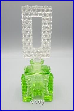 Vintage Czechoslovakia Green Cut Crystal Perfume Bottle, Hexagonal Cuts, Stopper