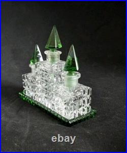 Vintage Czechoslovakian green cut glass perfume bottle set Vintage Czechoslovakian green cut glass perfume bottle set
