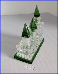 Vintage Czechoslovakian green cut glass perfume bottle set Vintage Czechoslovakian green cut glass perfume bottle set
