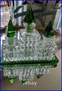 Vintage Czechoslovakian green cut glass perfume bottle set Vintage Czechoslovakian green cut glass perfume bottle set