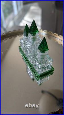 Vintage Czechoslovakian green cut glass perfume bottle set Vintage Czechoslovakian green cut glass perfume bottle set