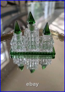 Vintage Czechoslovakian green cut glass perfume bottle set Vintage Czechoslovakian green cut glass perfume bottle set