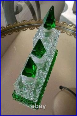 Vintage Czechoslovakian green cut glass perfume bottle set Vintage Czechoslovakian green cut glass perfume bottle set