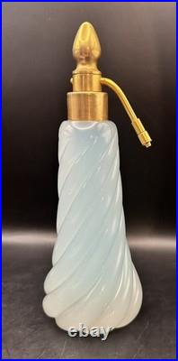 Vintage DeVilbiss Perfume Bottle Atomizer Art Deco Swirl Blue Opaque withLabel