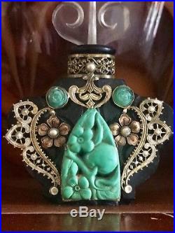 Vintage Deco Perfume Bottle Filigree Gilt Ormolu Art Nouveau Center Stone LOVELY