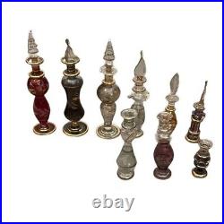 Vintage Egyptian Glass Perfume Bottles, 14 k Gold Trim, Set of Nine Variety