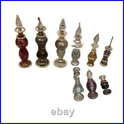 Vintage Egyptian Glass Perfume Bottles, 14 k Gold Trim, Set of Nine Variety