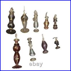 Vintage Egyptian Glass Perfume Bottles, 14 k Gold Trim, Set of Nine Variety