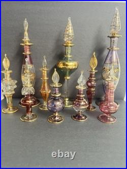 Vintage Egyptian Hand Blown Art Glass Perfume Bottles Lot of 10 Gold Gilt