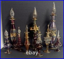 Vintage Egyptian Hand Blown Art Glass Perfume Bottles Lot of 10 Gold Gilt